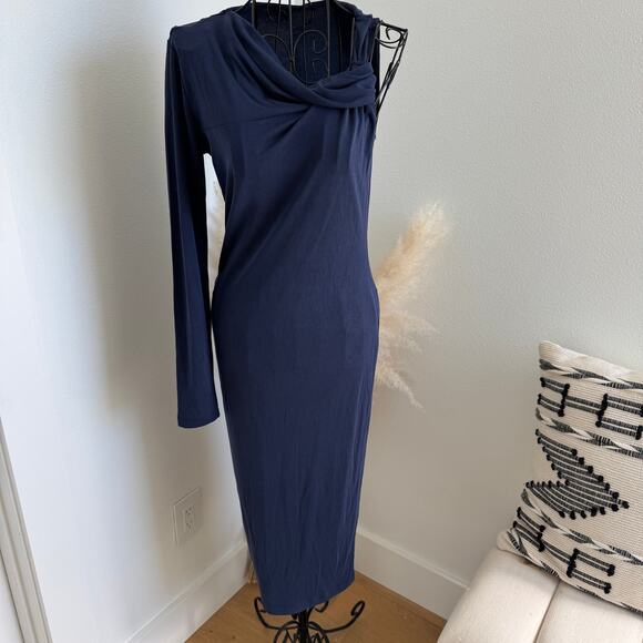 Monrow Navy Blue Brushed Ribbed One Shoulder Midi Bodycon Dress Small NEW - Picture 1 of 8